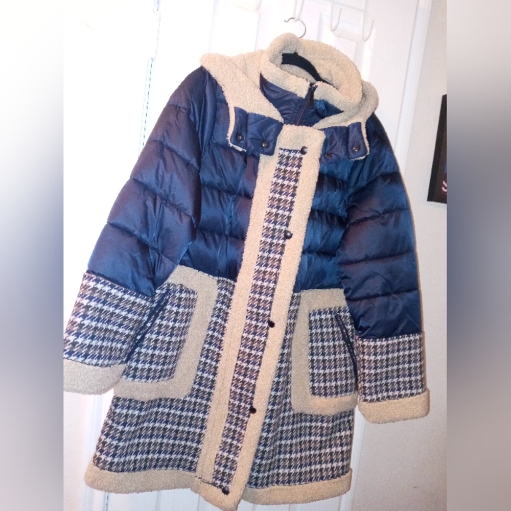 SAM EDELMAN Women Puffer & Sherpa Teddy Navy Houndstooth Plaid Hooded Coat XL
